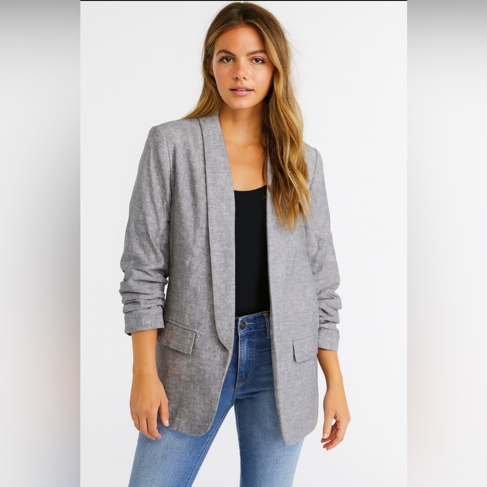 New York & Company Women's Gray Crinkle Sleeve Linen Blend Blazer. Size-X-Large